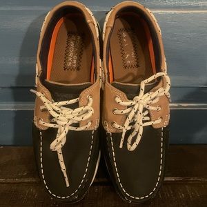Rockport Women's Navy Blue and Tan Three Eye Tie Boat Shoe